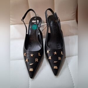 Karl Lagerfeld Black Slingback Pumps Studded Gold Accents Heels Dress Shoes 7.5